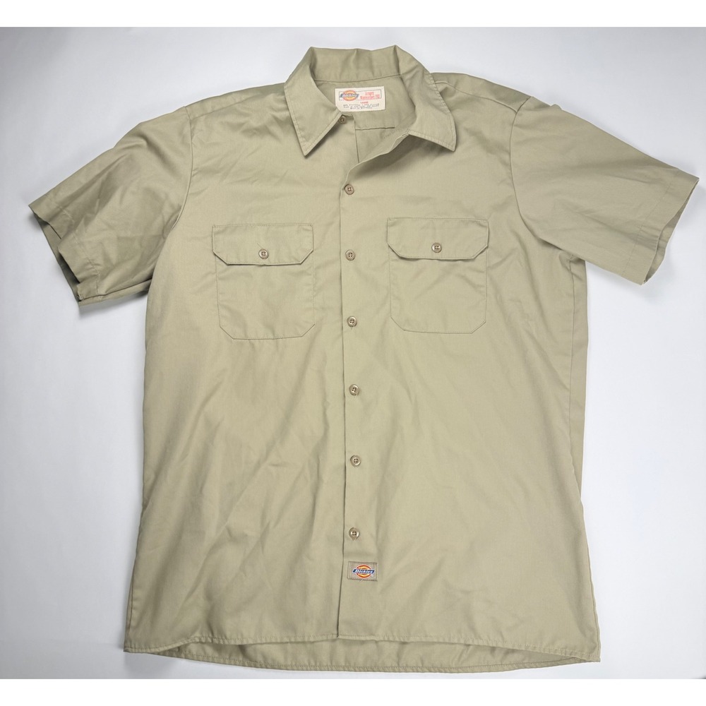 Dickies Short Sleeve Work Shirt Men's Large Khaki Tan Front Pockets Cotton Blend